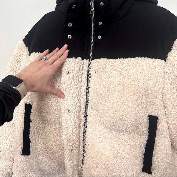 Maje Faux Shearling Padded Quilted Jacket Coat Colorblock Hoodie Sz 1 Oversized - Picture 6 of 16